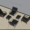Four Modern Leisure Chairs With Wooden Frame Black Cushions And Two Matching Stools