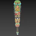 Colorful Tribal Decorative Weapon with Stacked Carved Masks and Long Wooden Shaft Design