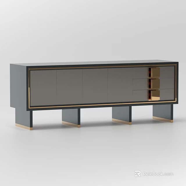 Sleek Modern Entryway Console Cabinet In Gray With Black Trim And Gold Accents 3d model 