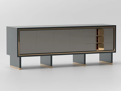 Sleek Modern Entryway Console Cabinet In Gray With Black Trim And Gold Accents 3d model