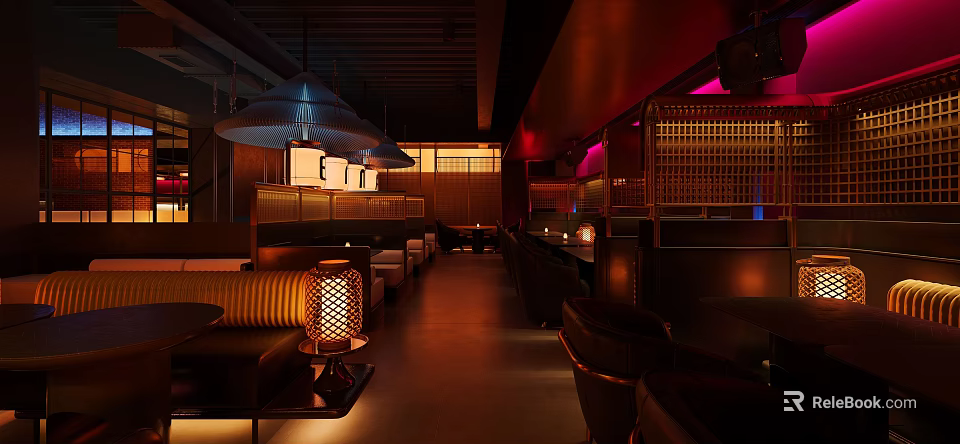Cozy Bar Interior Design With Warm Pendant Lights Wooden Dividers And Seating Areas 3d model 