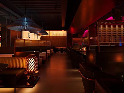 Cozy Bar Interior Design With Warm Pendant Lights Wooden Dividers And Seating Areas 3d model