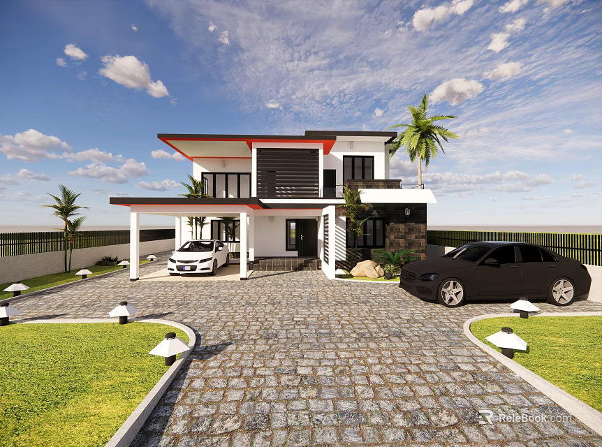Two Story Detached House Red Roof Black Accents Porch Stone Paved Driveway And Palm Trees 3d model 