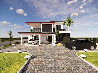 Two Story Detached House Red Roof Black Accents Porch Stone Paved Driveway And Palm Trees 3d model