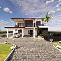 Two Story Detached House Red Roof Black Accents Porch Stone Paved Driveway And Palm Trees