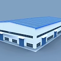Industrial Factory Building With Steel Structure White Walls Blue Roof Large Windows And Multiple Doors