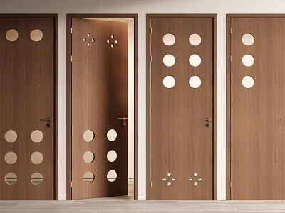 Brown Wooden Hinged Doors With Circular Hole Design For Interior Use 3d model