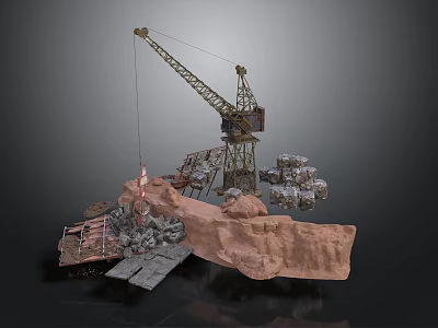 Industrial Construction Site Scene With Steel Tower Crane Scaffolding Rocks And Platform 3d model