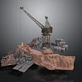 Industrial Construction Site Scene With Steel Tower Crane Scaffolding Rocks And Platform