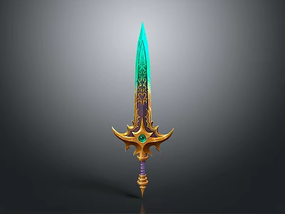 Ornate Fantasy Sword With Turquoise Blade Golden Decoration And Green Gemstone 3d model