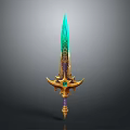 Ornate Fantasy Sword With Turquoise Blade Golden Decoration And Green Gemstone