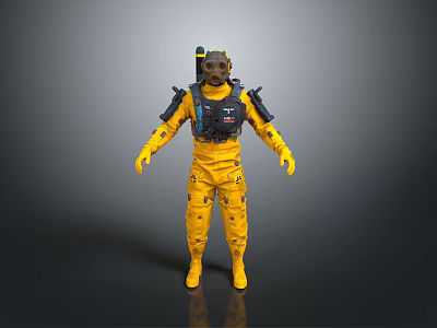 Space Character In Yellow Protective Suit With Helmet Gloves And Backpack Equipment 3d model