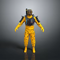 Space Character In Yellow Protective Suit With Helmet Gloves And Backpack Equipment