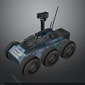 Blue Robotic Vehicle With Four Wheels Camera Antenna And Mechanical Arm