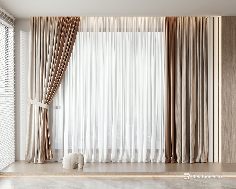 Elegant Double Layer Curtain Design With White Sheer And Brown Fabric For Home Interior 3d model 