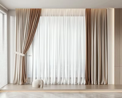 Elegant Double Layer Curtain Design With White Sheer And Brown Fabric For Home Interior 3d model