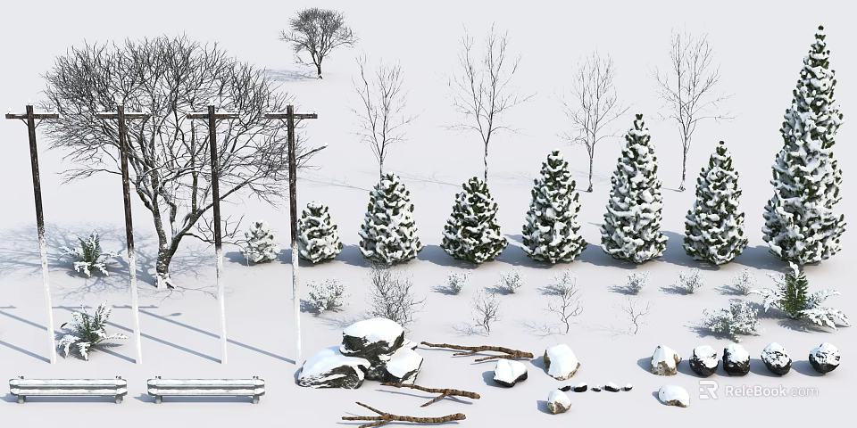 Snow Covered Arbor Trees In Winter Landscape With Leafless Trees Rocks And Logs 3d model 