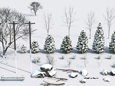 Snow Covered Arbor Trees In Winter Landscape With Leafless Trees Rocks And Logs 3d model