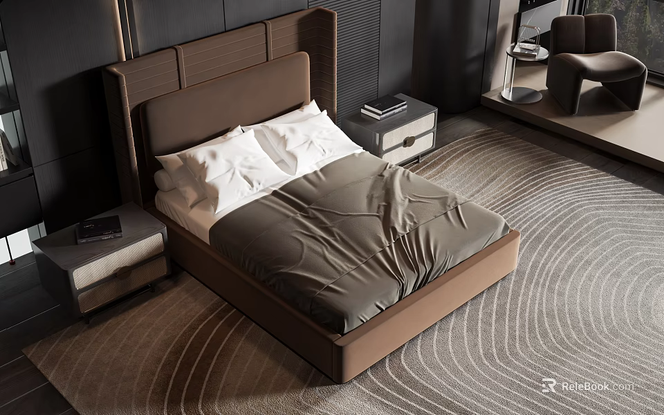 Elegant Double Bed Interior With Brown Headboard Nightstand White Pillows And Gray Bedspread 3d model