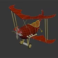 Red Biplane Passenger Aircraft With Orange Seats Silver Propeller And Landing Gear