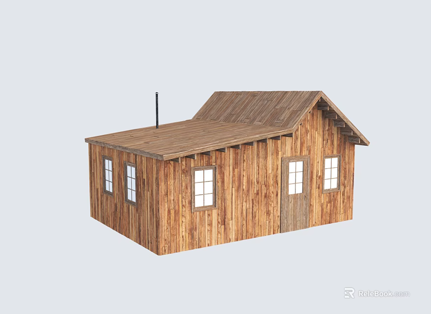 Wooden Cabin Exterior With Sloped Roof Multiple Windows And Wooden Door 3d model 