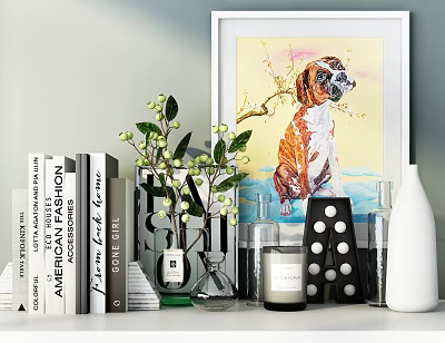 Stylish Books and Magazines on Shelf with Framed Dog Painting and Green Plant 3d model