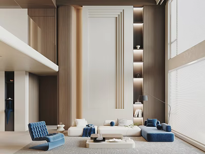 Modern Spacious High Ceiling Living Room With Blue Sofas And Warm Wood Wall Panels 3d model