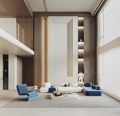 Modern Spacious High Ceiling Living Room With Blue Sofas And Warm Wood Wall Panels 3d model