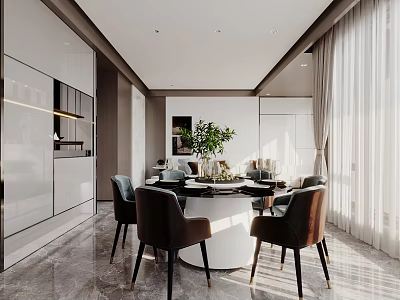 Modern Dining and Living Room Interior With Round Table Chairs Green Plant Curtains And Cabinets 3d model