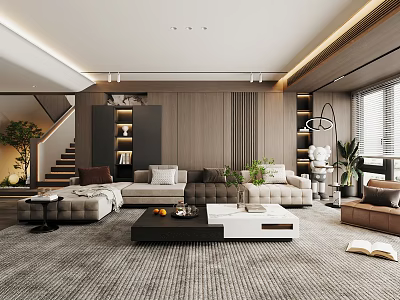 Modern Living Room Interior Design With Sofa Coffee Table Plants Bookshelf And Stairs 3d model