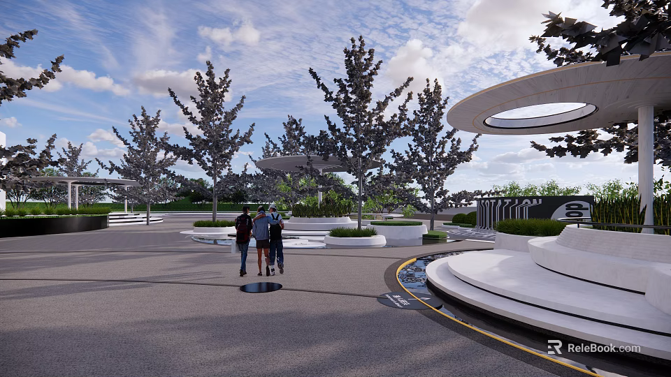 Modern Square Landscape Design With Circular Structures Tall Trees And People Walking 3d model 
