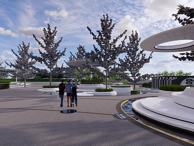 Modern Square Landscape Design With Circular Structures Tall Trees And People Walking 3d model