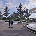 Modern Square Landscape Design With Circular Structures Tall Trees And People Walking 3d model