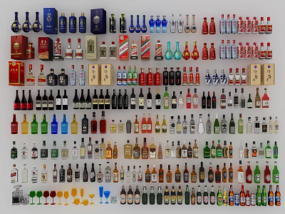 Various Types of Wine Bottles and Glasses with Different Colors and Shapes in Display Collection 3d model
