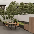 Outdoor Garden Landscape With Fire Pit Bench Seating Dining Table Chairs And Green Plants