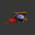 Toy Blue And Yellow Biplane On Green Grass With Red Box And Brown Object