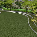 Landscape Wall In Residential Park With Curved Pathway Green Lawn And Trees