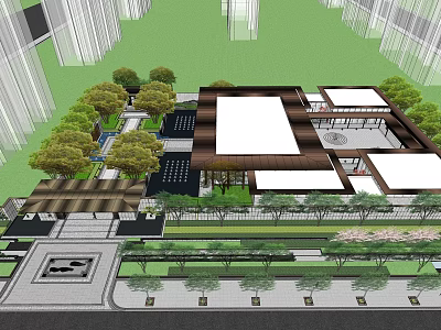 Modern Garden Landscape Design With Trees Greenery Pathways And Pavilion Structures 3d model