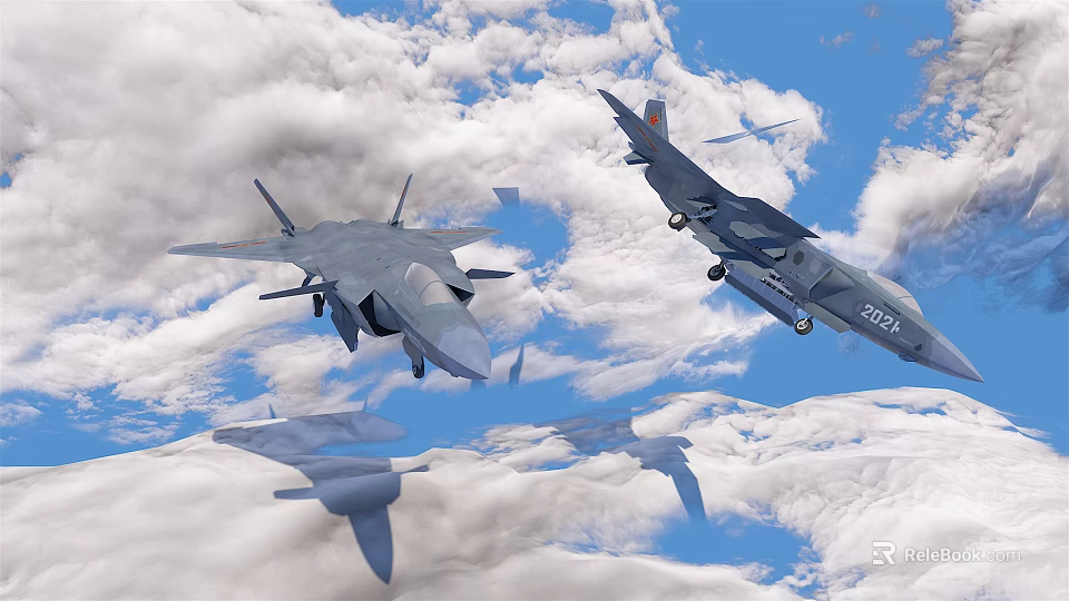 Multiple Modern Fighter Jets Flying In Formation Through Clouds Over Blue Sky 3d model 