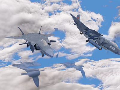 Multiple Modern Fighter Jets Flying In Formation Through Clouds Over Blue Sky 3d model