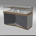 Retail Store Glass Display Case With Marble Countertop Golden Frame Lighting And White Tableware
