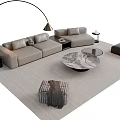 Modern L Shaped Sofa And Coffee Table Set With Round Marble Top And Floor Lamp