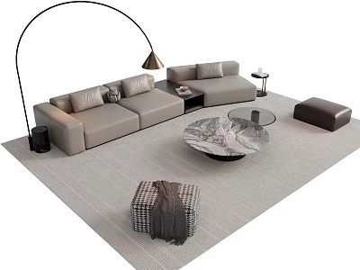 Modern L Shaped Sofa And Coffee Table Set With Round Marble Top And Floor Lamp 3d model