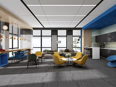 Modern Office Break Room With Yellow Chairs Sofa Coffee Table Wooden Cabinets And Large Windows 3d model