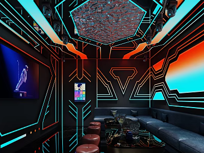 Modern KTV Lounge Interior Design With Neon Lights Comfortable Sofa And Large Screen 3d model
