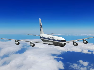 Passenger Plane Flying High Above Clouds In Blue Sky With Four Engines And Tail Logo 3d model