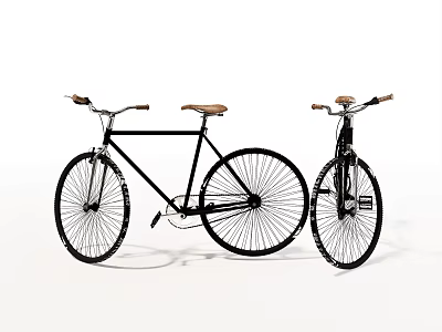 Two Classic Black Bicycles With Wooden Seats And Retro Design Features 3d model