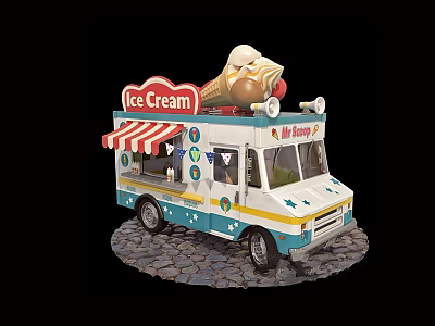 Blue And White Ice Cream Truck With Large Cone Sign Striped Awning And Mr Sunny 3d model