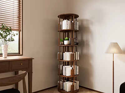 Wooden Spiral Bookshelf Interior with Books and Small Potted Plant in Cozy Room 3d model