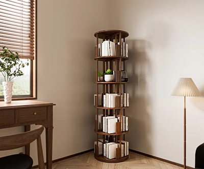 Wooden Spiral Bookshelf Interior with Books and Small Potted Plant in Cozy Room 3d model